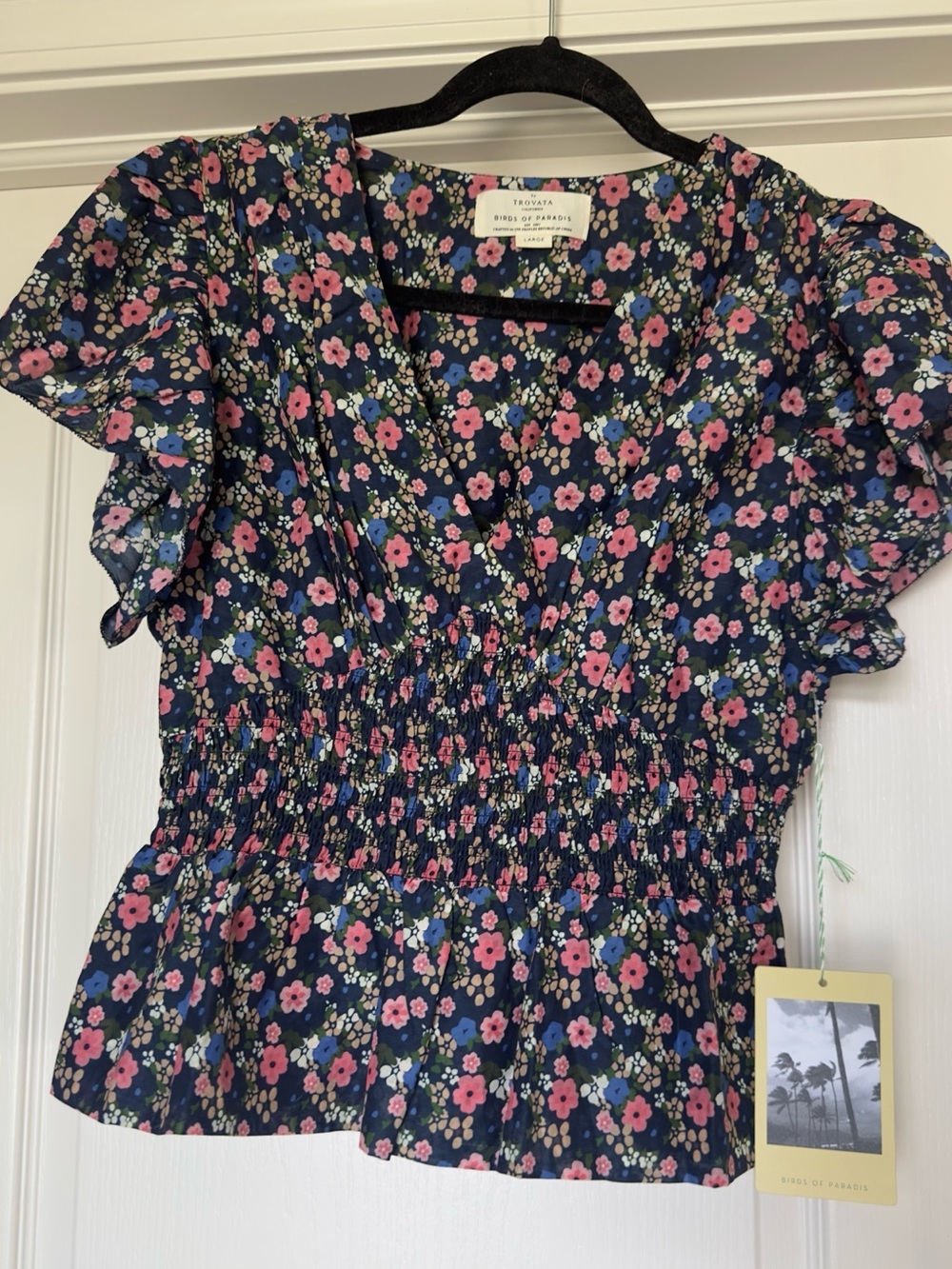 Trovata Navy Floral Smocked Flutter Sleeve Top Paloma